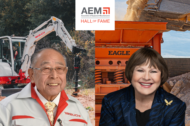 AEM Hall of Fame inductees Akio Takeuchi (L) and Susanne Cobey (R). Photo courtesy of the Association of Equipment Manufacturers (AEM).