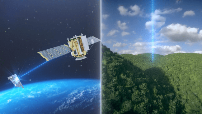 Image of space debris removal (left) and satellite LiDAR (right).